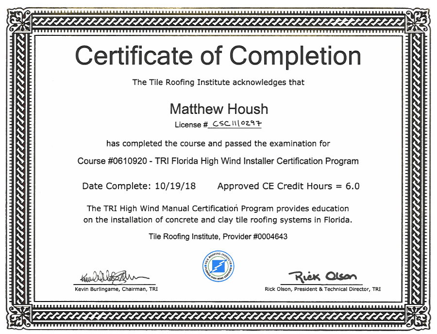 Tile Roofing Institute Certificate
