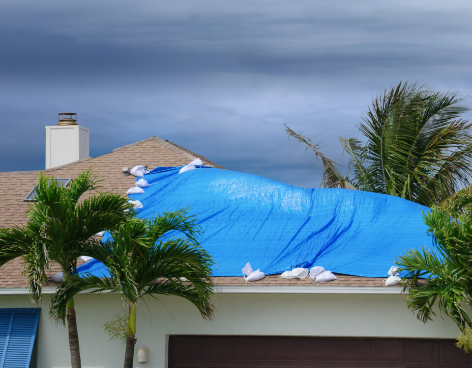 Storm damaged roof on house with a blue plastic tarp over hole in the shingles and rooftop.